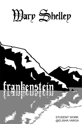 a black and white illustration of a glacier. the word frankenstein is written in blackletter text at the waterline. it and the glacier are reflected in the water below. mary shelley's name is written in a similar style near the top of the illustration.