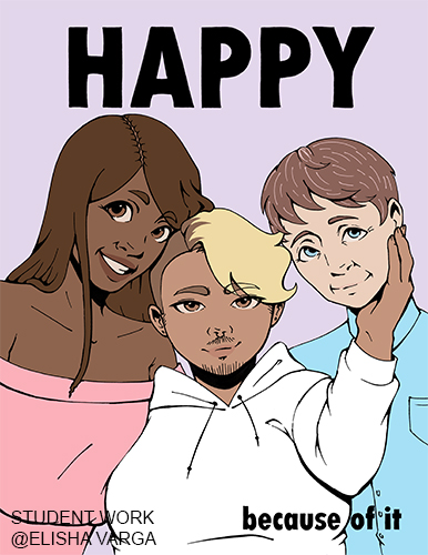 three figures from the chest up embracing and looking at the viewer. they wear white, pink, and blue. text on the poster reads: happy, because of it