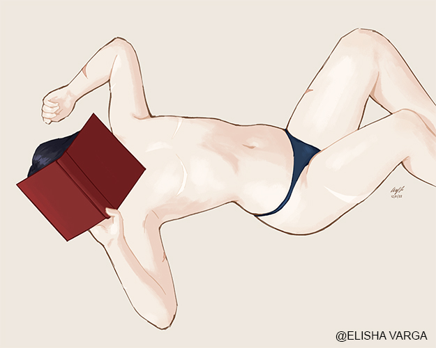 a pin-up illustration of a pale, slim man reading. the book covers his face